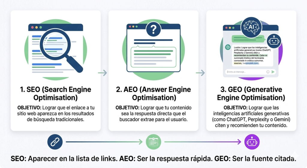 Infografía sobre diferencias entre SEO, AEO y GEO para agencias y pymes
